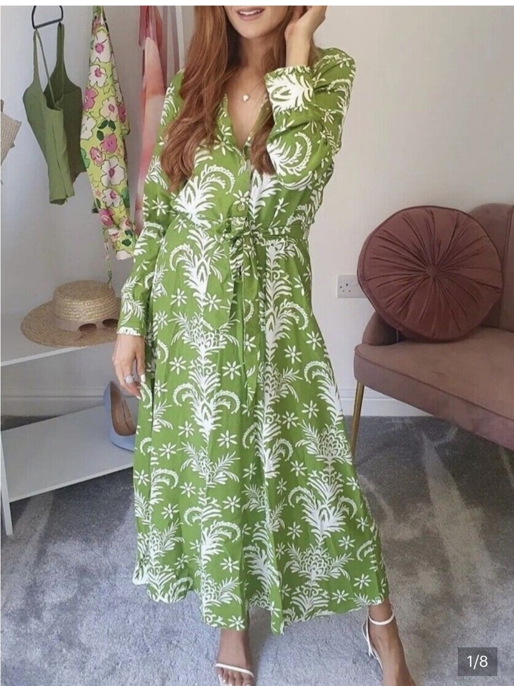 Green Printed Tie-Waist Midi Dress